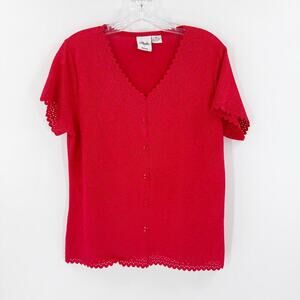 Vintage Studio V Red Eyelet V-Neck Unlined Blouse Women's Size Large Petite